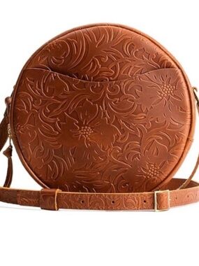Portland Leather Floral Embossed Round Large Crossbody - Tan